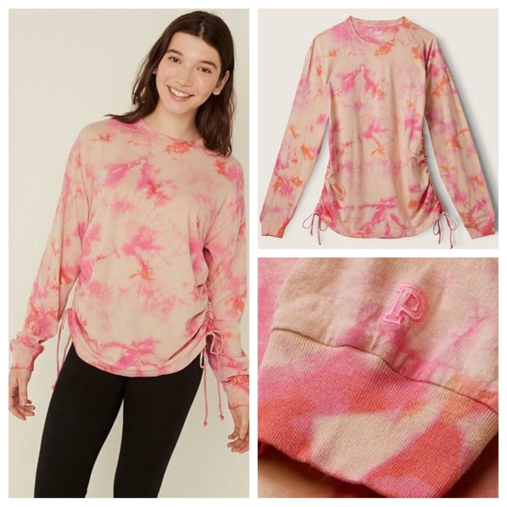 VS VICTORIAS SECRET PINK CAMPUS LONG SLEEVE RUCHED TEE TOP DARING PINK TIE DYE L
